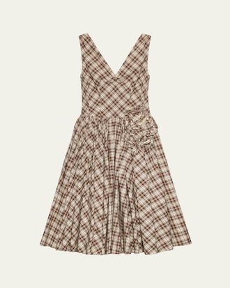 Prada Embroidered Check Cotton Poplin Midi Dress