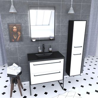 Aurlane Aurlane - Mueble De Ba&ntilde;o 80, Lavabo Negro, Espejo Led, Columna - Negro Y Blanco - Structura