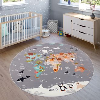 Paco Home Kinderteppich »Bino 581« rund 4 mm Höhe Spielteppich, Motiv Weltkarte & Tiere, Kinderzimmer