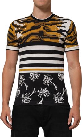 Dolce & Gabbana Multicolor Leopard Palm Leaf Men Crew Neck T-Shirt Cotton