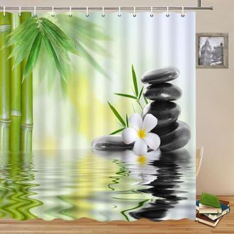 OEM Cortina De Ducha water Spa, 120 X 180 Cm, Hojas De Bamb&uacute; Verdes, Flor De Orqu&iacute;dea, Meditaci&oacute;n Zen, Piedras De Basalto, Dise&ntilde;o Floral Para Ba&ntilde;o, Poli&eacute;s