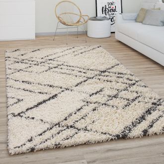 Paco Home Paco Home Alfombra Sal&oacute;n Pelo Largo Shaggy Motivo Moderno Boho Escandinavo Rombos &Oslash; 200 Cm Redon, Crema Antracita 4
