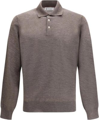 Brunello Cucinelli Wollen Polo Shirt met Geribbelde Kraag - Heren - Polos - Bruin - 2XL - Wol - Tops