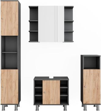 Vicco Conjunto De Muebles De Ba&ntilde;o Fynn, Antracita/roble Dorado, 4 Partes, Vicco