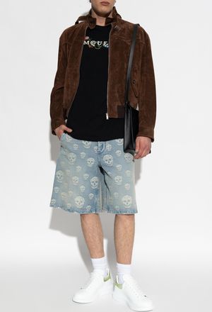 Alexander McQueen Denim Shorts With Monogram, Mens, Blue