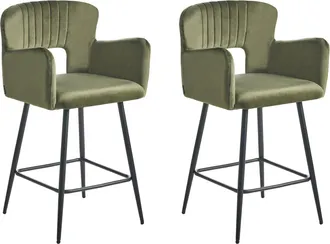 Beliani Conjunto De 2 Sillas De Bar Modernas Asiento De Terciopelo Con Reposabrazos Respaldo Acolchado Verde Oliva Sanilac