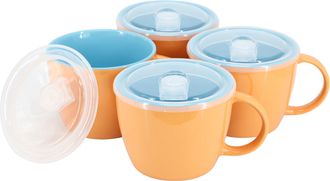 Gibson Home On The Go 4 Piece 25 Ounce Stoneware Soup Cup Set with Lid in Peach