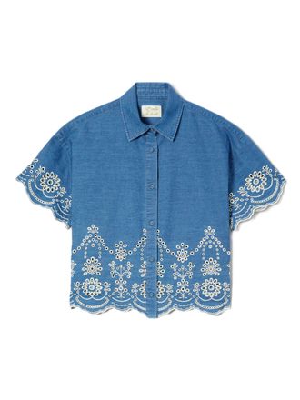 MC2 Saint Barth Cropped Shirt with Classic Collar and Floral Embroidery