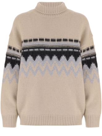 Allude Beige Geometric Pattern Cashmere Turtleneck Sweater