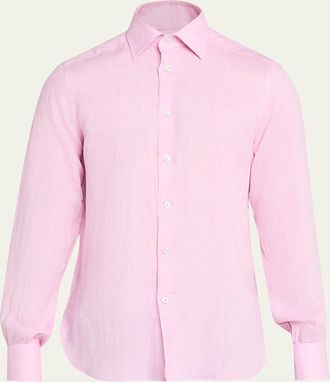 Kiton Mens Solid Linen Button-Down Shirt with Mother-Of-Pearl