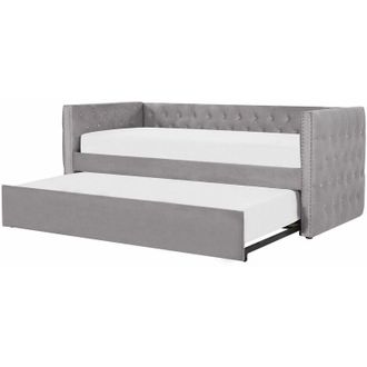 Beliani Letto da Giorno Estraibile 90 x 200 cm in Velluto Grigio con Rete a Doghe e Bottoni Gassic