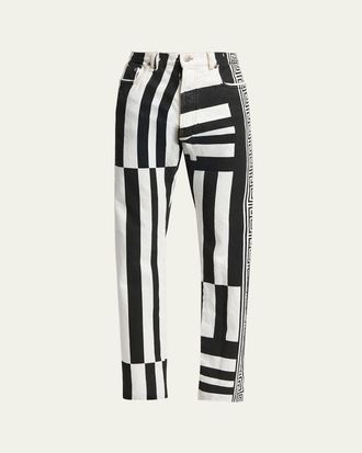 Versace Mens Two-Tone Greca Paneled Straight-Leg Pants
