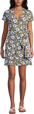 Lands End Cotton Modal V Neck Mini Wrap Dess in Clear Blue Sky Floral Blossom at Nordstrom, Size X-Large