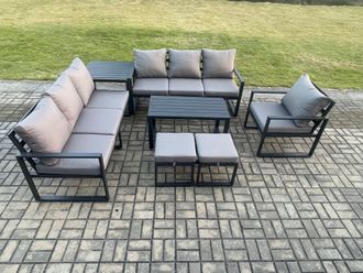 Fimous Aluminium 9 Seater Garden Furniture Outdoor Patio Sofa Set with Rectangular Coffee Table Armchair 2 Small Footstool Side Table in Dark Grey