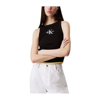 Calvin Klein Tops, Dames, Zwart, S, Geribbelde mouwloze top