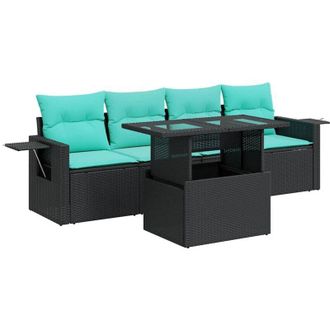 vidaXL 5 Piece Garden Sofa Set with Cushions Black Poly Rattan Acacia vidaXL