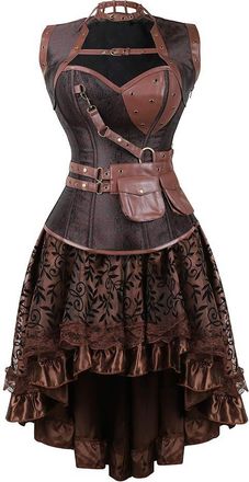 Grebrafan Goth Spiral Steel Boned Brocade Bustiers Corset with Fluffy Pleated Layered Tutu Skirt (UK(8-10) M, Brown)
