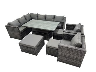 Fimous 11-seater Rattan Garden Furniture Dining Set with 3 Stool in Dark Grey