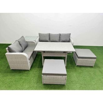 Fimous 7 Seater pe Rattan Wicker Garden Furniture Patio Conservatory Sofa Set with Rectangular Dining Table 3 Seater Sofa Love Sofa 2 Big Footstool 2 Side