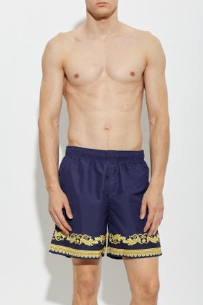 Versace Swim Shorts With New Barocco Print, Mens, Navy Blue