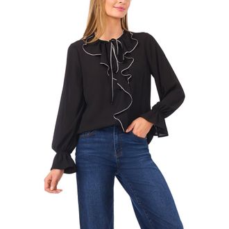 CeCe by Cynthia Steffe Contrast Trim Ruffle Shirt in Rich Black at Nordstrom Rack, Size X-Small