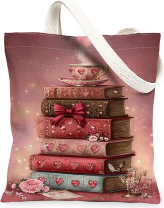 Generic Vintage Floral Canvas Tote Bags, Romantic Books Stack Pattern Reusable Grocery Bags, Lightweight Washable Shoulder Strap Ca, Peach, 13x15 Inch