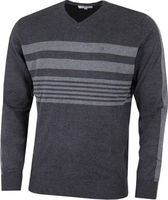 Calvin Klein Mens V Neck Performance Soft Chest Stripe Sweater Charcoal