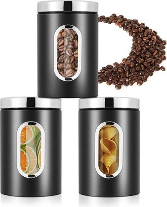 OEM Juego De 3 Cajas De Almacenamiento Para Harina, Az&uacute;car, Muesli Y T&eacute;: Caja Met&aacute;lica Herm&eacute;tica Con Ventana De Visualizaci&oacute;n