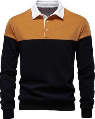 Generic Mens Casual Fashion Color Blocked Lapel Long Sleeved Sweatshirt Personalized Sweatshirts (Yellow, M)