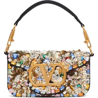 Valentino Garavani Small Loc&ograve; VLOGO Paillette & Crystal Silk Satin Shoulder Bag in Gold Multi at Nordstrom