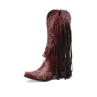 Generic Womens Knee-High Cowboy Boots PU Leather With Long Fringe Decorative Studs Embroidered Pattern Pointed Toe Comfortable Non-Slip Durable Construction,R