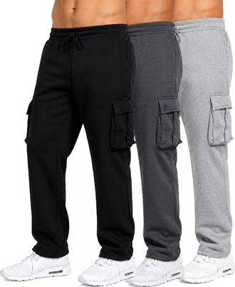 Blue Ice Mens Open Bottom Fleece Jogger Sweatpants with Velcro Cargo Pockets-3 Pack