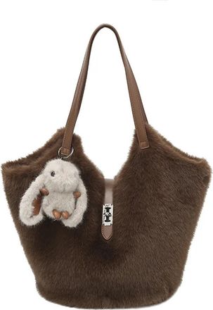 Generic Womens Plush Bags Fluffy Texture Shoulder Bag Solid Color Commuting Bucket Women Casual Versatile Handle(Brown)