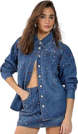 NASTY GAL Denim Embellished Long Sleeve Shirt in Authentic Midwash at Nordstrom, Size 10