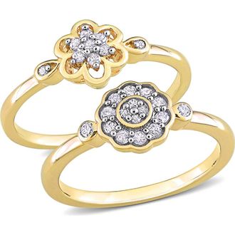 Delmar Set of 2 Sterling Silver Diamond Flower Rings - 0.14ct. in Gold at Nordstrom Rack, Size 7
