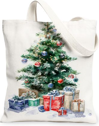 Generic Festive Canvas Tote Bags, Decorative Christmas Tree Pattern Reusable Shopping Bags, Lightweight Washable Shoulder Strap Canvas for Holiday Gifts 13x15