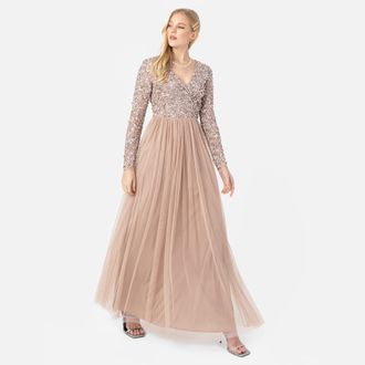 Maya Ladies Maxi Dress for Women with Long Sleeves V Neckline Plunging Sequin Embellished for Wedding Guest Bridesmaid Prom Taupe Blush Size 16