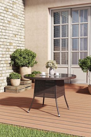 Living and Home Garden Wicker Tempered Glass Table with Parasol Hole in Brown