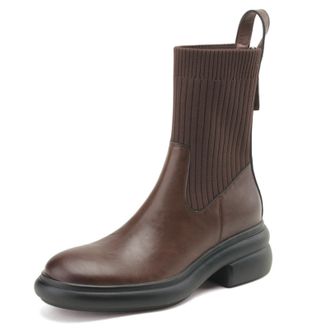 Generic Womens PU Leather Ankle Boots Round Toe Ribbed Knit Panel Thick Platform Block Heels Side Zipper Pull Tab Soft Lining Cushioned Insole Durable Outsole