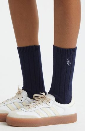 Sporty & Rich Wool & Cashmere Blend Rib Crew Socks in Dark Navy at Nordstrom