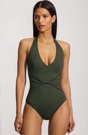 Lands End Sculpting Suit Plunge Halter High Leg One Piece Swimsuit in Rich Olive Green at Nordstrom, Size 16