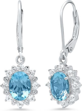 MAX + STONE Sterling Silver Halo Sunburst Oval Gemstone Leverback Earrings with White Topaz Accent