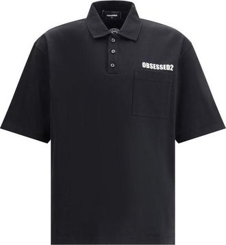 Dsquared2 Mens Polo Shirt Obsessed2 Print - Black Cotton - Size X-Large