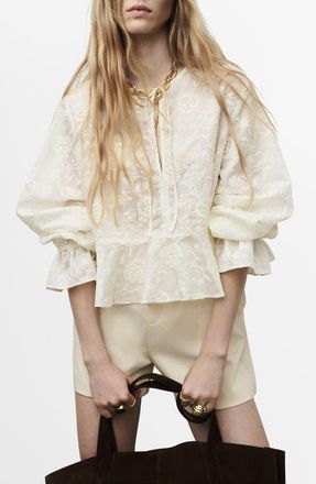 Mango Embroidered Woven Shirt in Ecru at Nordstrom, Size 2