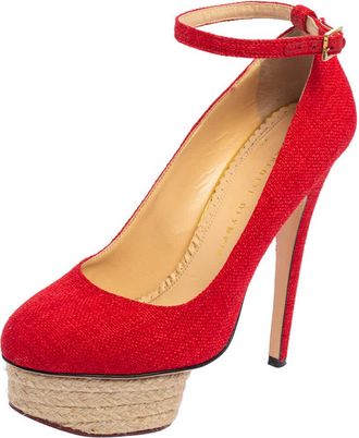 Charlotte Olympia Red Canvas Dolores Ankle Strap Platform Pumps