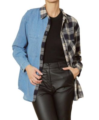 Entro Denim & Plaid Top In Navy