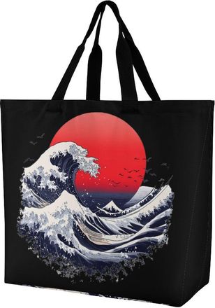 Generic Japanese Sea Waves Red Sun Tote Bag Reusable Grocery Shopping Bags Large Travel One Shoulder Handbag for Picnic Work