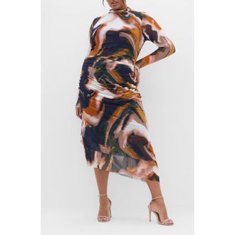 City Chic Zia Print Long Sleeve Ruched Mesh Dress in Glaze at Nordstrom