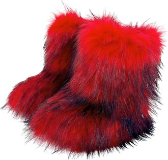 Generic Punk Women Boots Winter Fluffy Plush Warm Mid Calf Snow Boots Luxury Fashion Boots Comfortable Outdoor Flat Shoes(Red,10.5US)