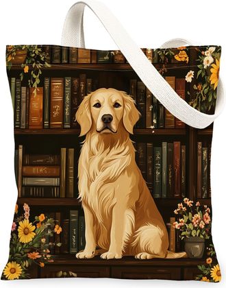 Generic Spring Golden Retriever Dog Canvas Tote Bag for Shopping 13x15, Flower Bookshelf Puppy Reusable Grocery Print Bag for Women, Fun Pet Beach Aesthetic P